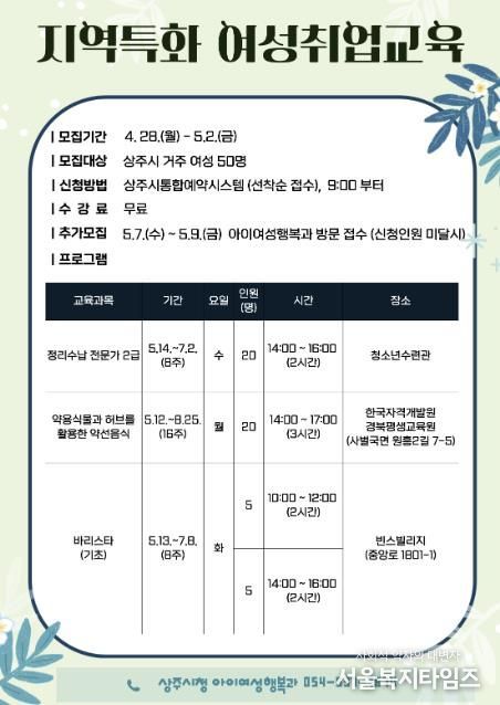 상주시, 2025년 지역특화 여성취업교육 수강생 모집