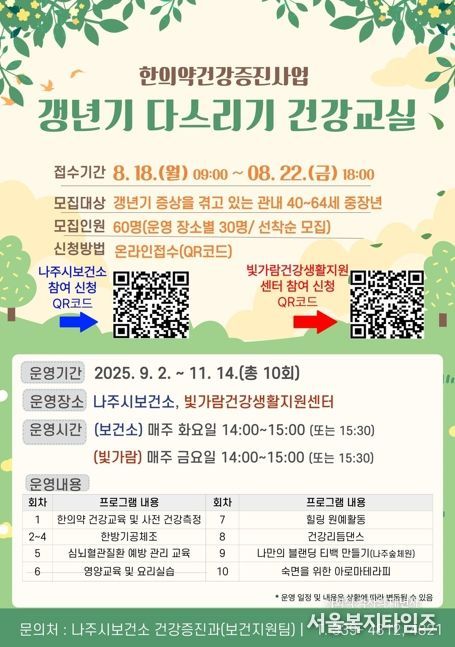 나주시가 하반기에 실시 예정인 ‘갱년기 다스리기 건강 교실’ 참여자 모집 안내문.