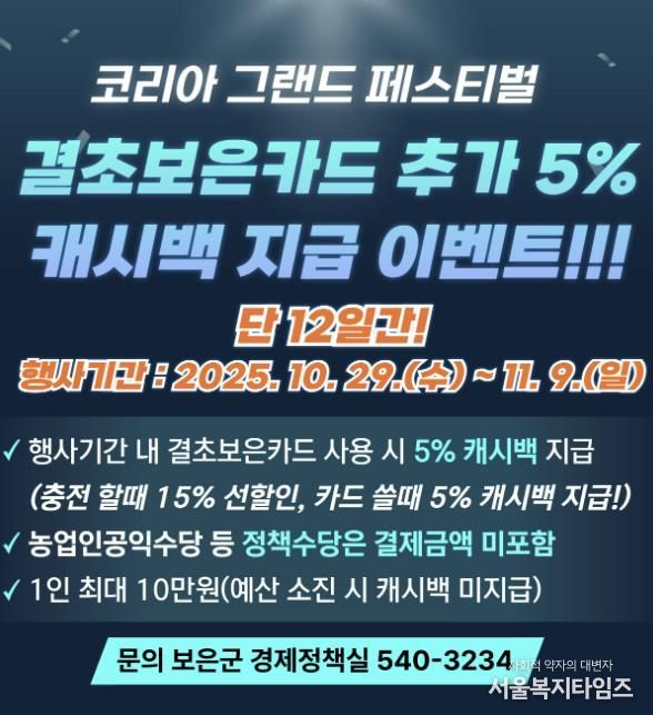 보은군, 결초보은카드 결제 시 5% 캐시백 제공