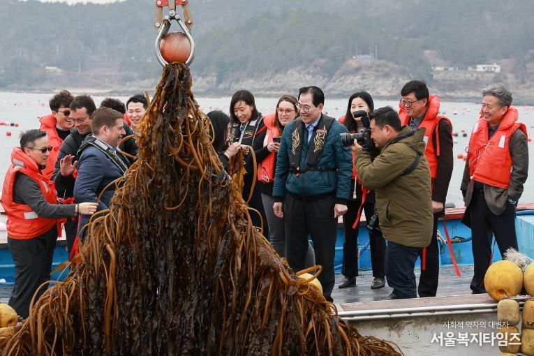 사진은 미 에너지부 산하기관 에너지 고등 계획원(ARPA-E) 관계자 완도군 해조류(미역) 양식장을 방문한 모습