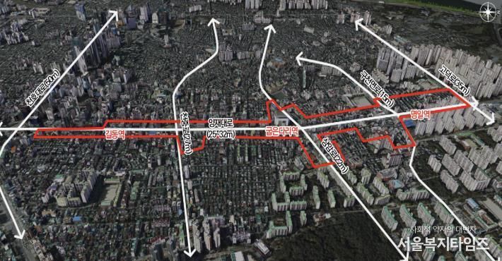 길동·굽은다리·명일역 3개 역세권 지구단위계획 위치도