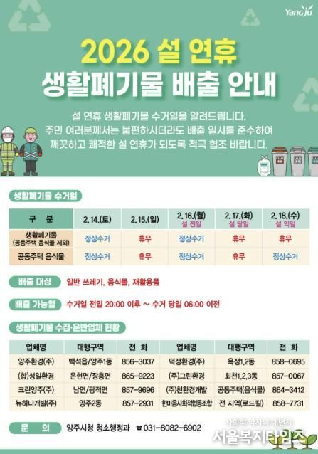 양주시, 설 연휴 대비 생활폐기물 관리 강화…14·16일 정상 수거